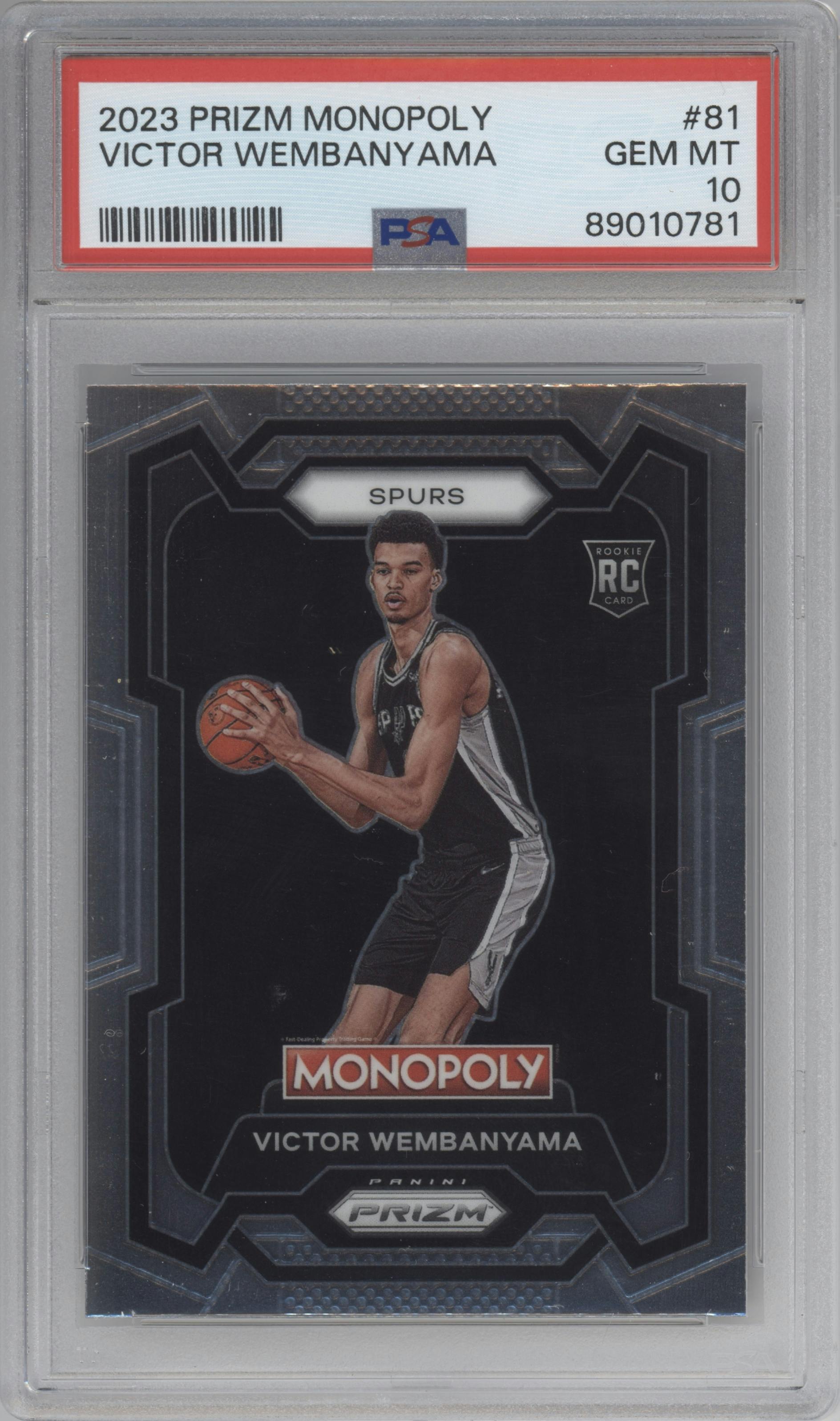 Victor Wembanyama from the 2023-24 Panini Prizm Monopoly set graded by PSA and given an overall grade of 10.