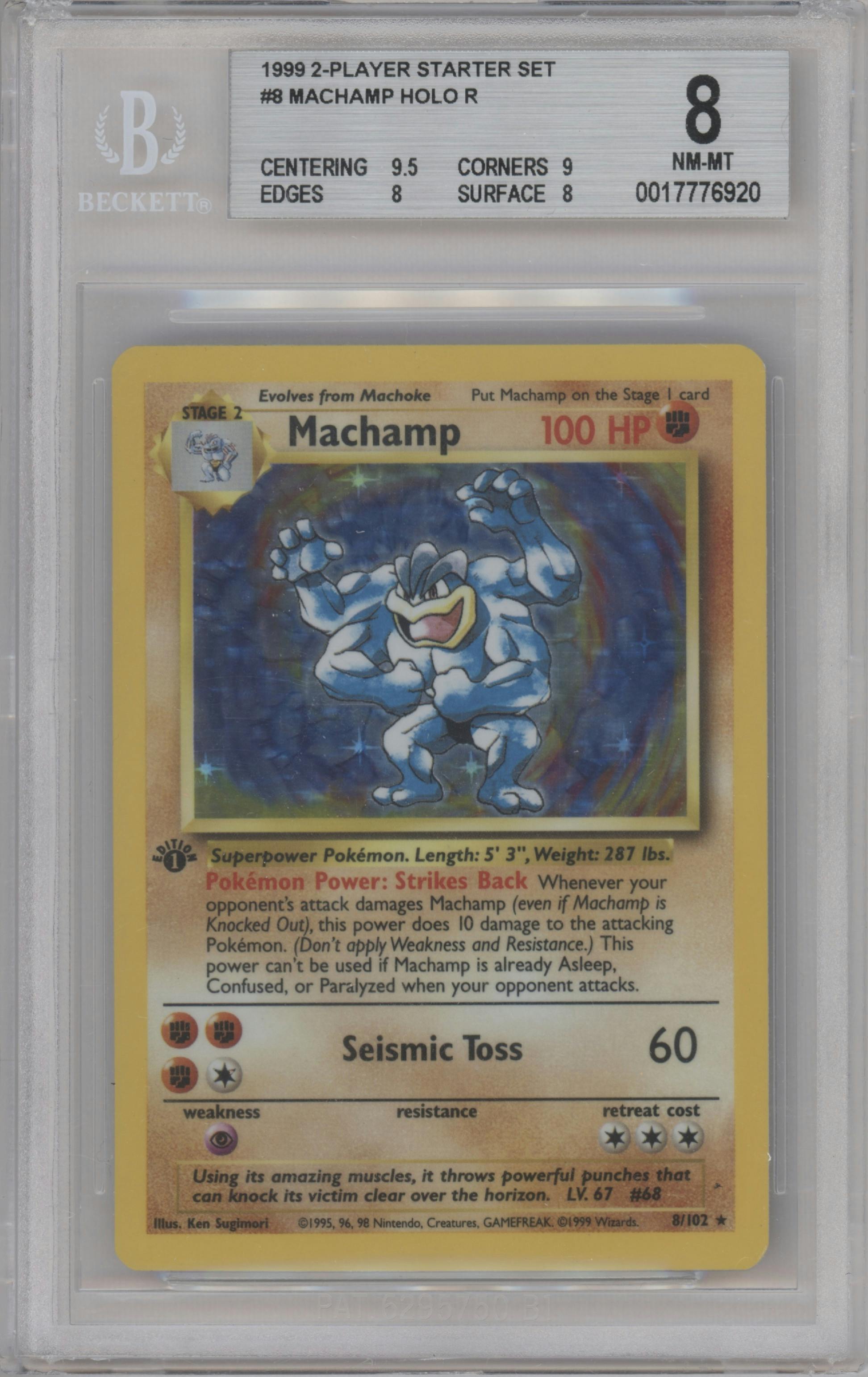 Machamp from the 1999 Pokemon set graded by Beckett and given an overall grade of 8.