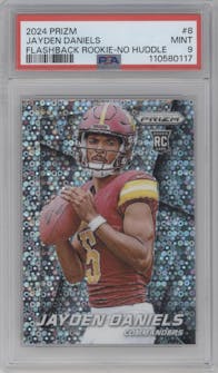 Jayden Daniels from the 2024 Panini Prizm set featuring a No Huddle parallel graded by PSA and given an overall grade of 9.