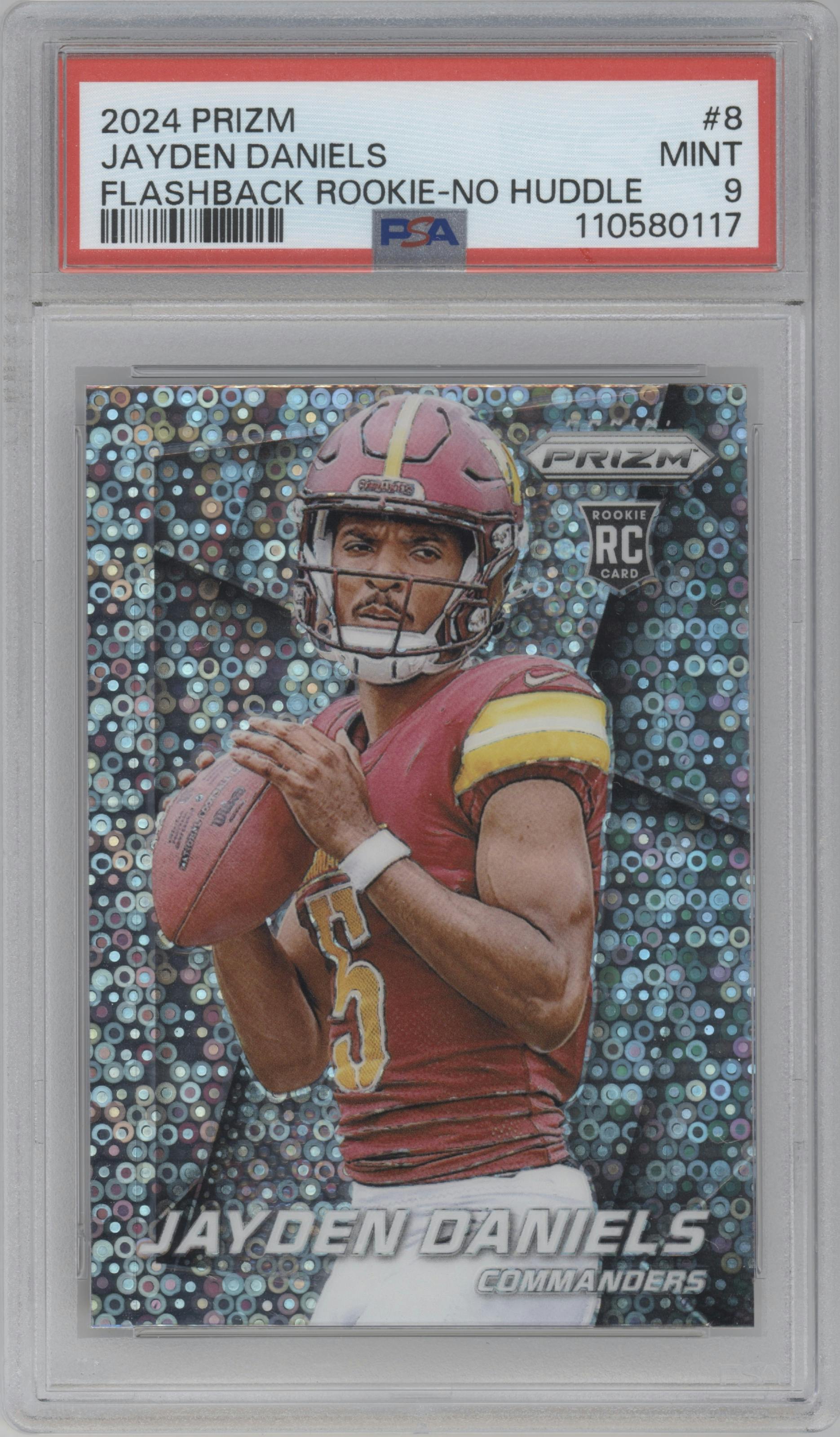 Jayden Daniels from the 2024 Panini Prizm set featuring a No Huddle parallel graded by PSA and given an overall grade of 9.