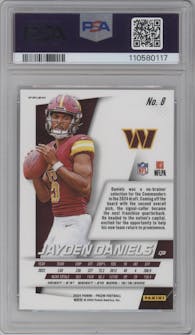 Jayden Daniels from the 2024 Panini Prizm set featuring a No Huddle parallel graded by PSA and given an overall grade of 9.