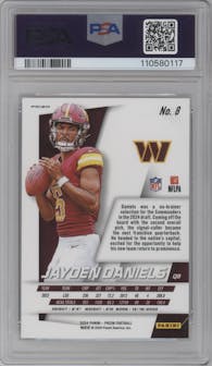 Jayden Daniels from the 2024 Panini Prizm set featuring a No Huddle parallel graded by PSA and given an overall grade of 9.