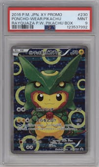 Rayquaza Pikachu from the 2016 Pokemon XY JPN set featuring a Poncho Wearing Pikachu Box parallel graded by PSA and given an overall grade of 9.