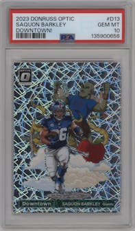 Saquon Barkley from the 2023 Donruss Optic set graded by PSA and given an overall grade of 10.