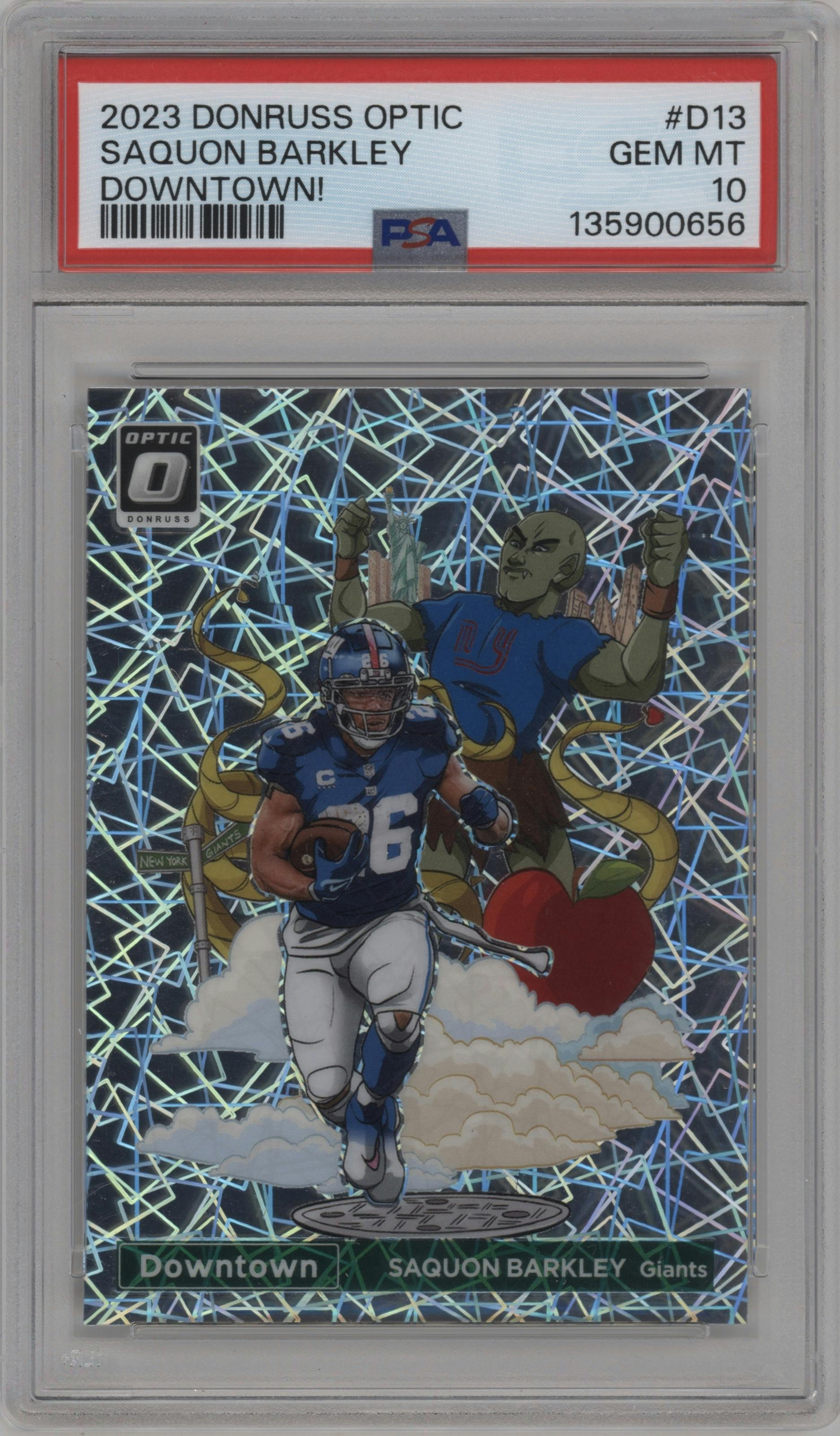 Saquon Barkley from the 2023 Donruss Optic set graded by PSA and given an overall grade of 10.