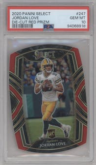 Jordan Love from the 2020 Panini Select set featuring a Die-Cut Red parallel graded by PSA and given an overall grade of 10.