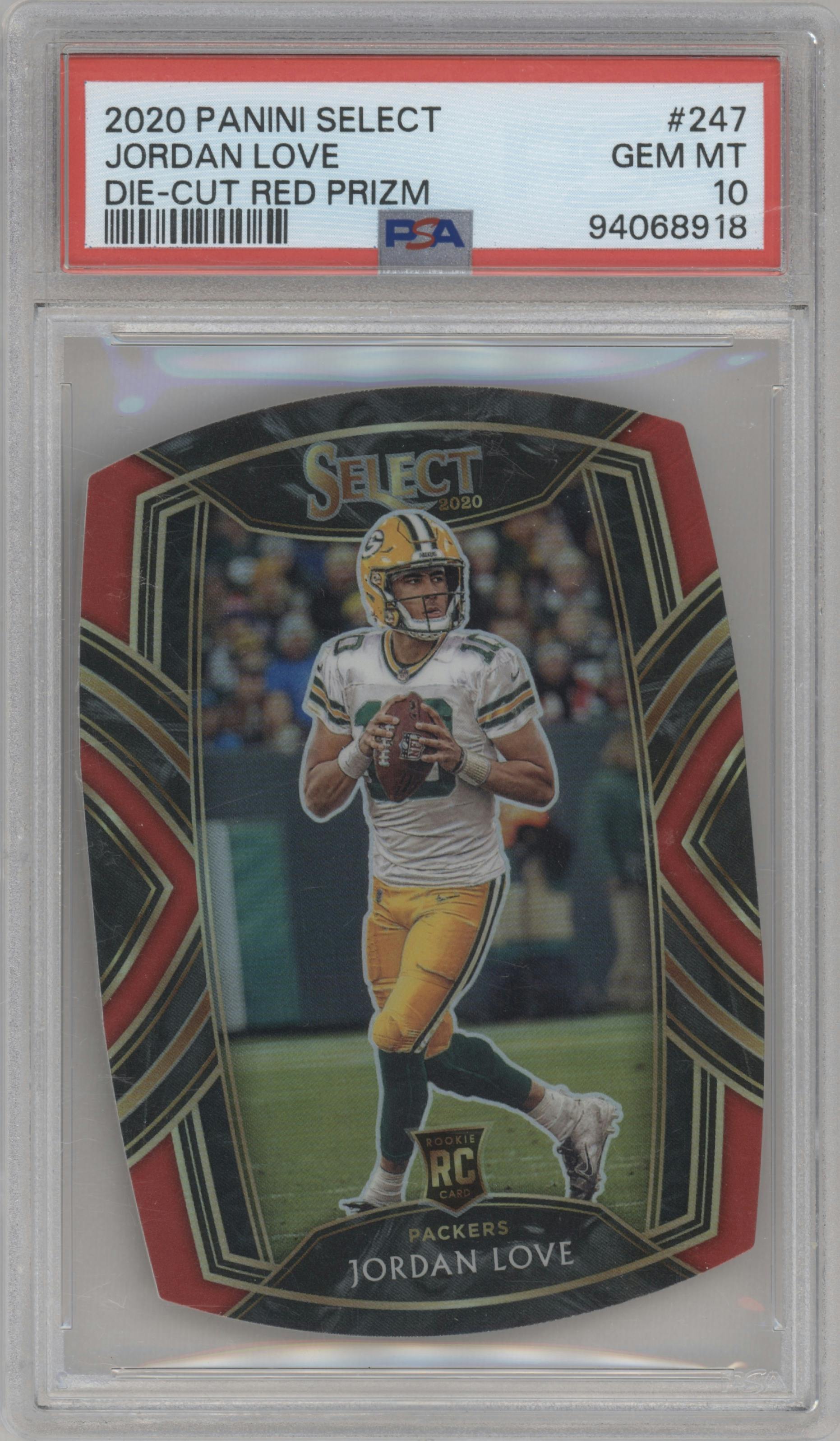 Jordan Love from the 2020 Panini Select set featuring a Die-Cut Red parallel graded by PSA and given an overall grade of 10.