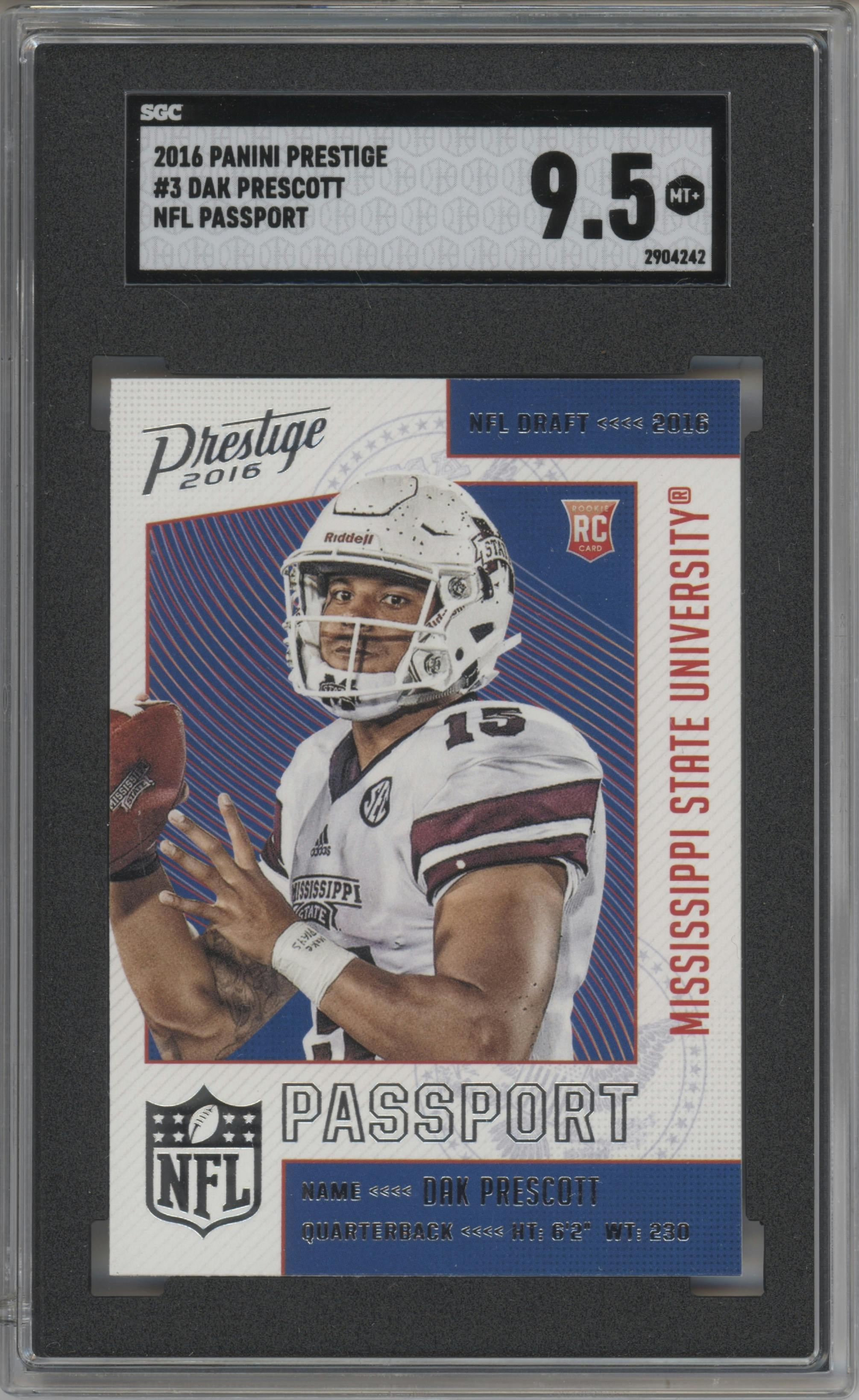 Dak Prescott from the 2016 Panini Prestige  set graded by SGC and given an overall grade of 9.5.