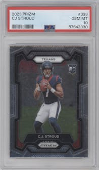 C.J. Stroud from the 2023 Panini Prizm set graded by PSA and given an overall grade of 10.