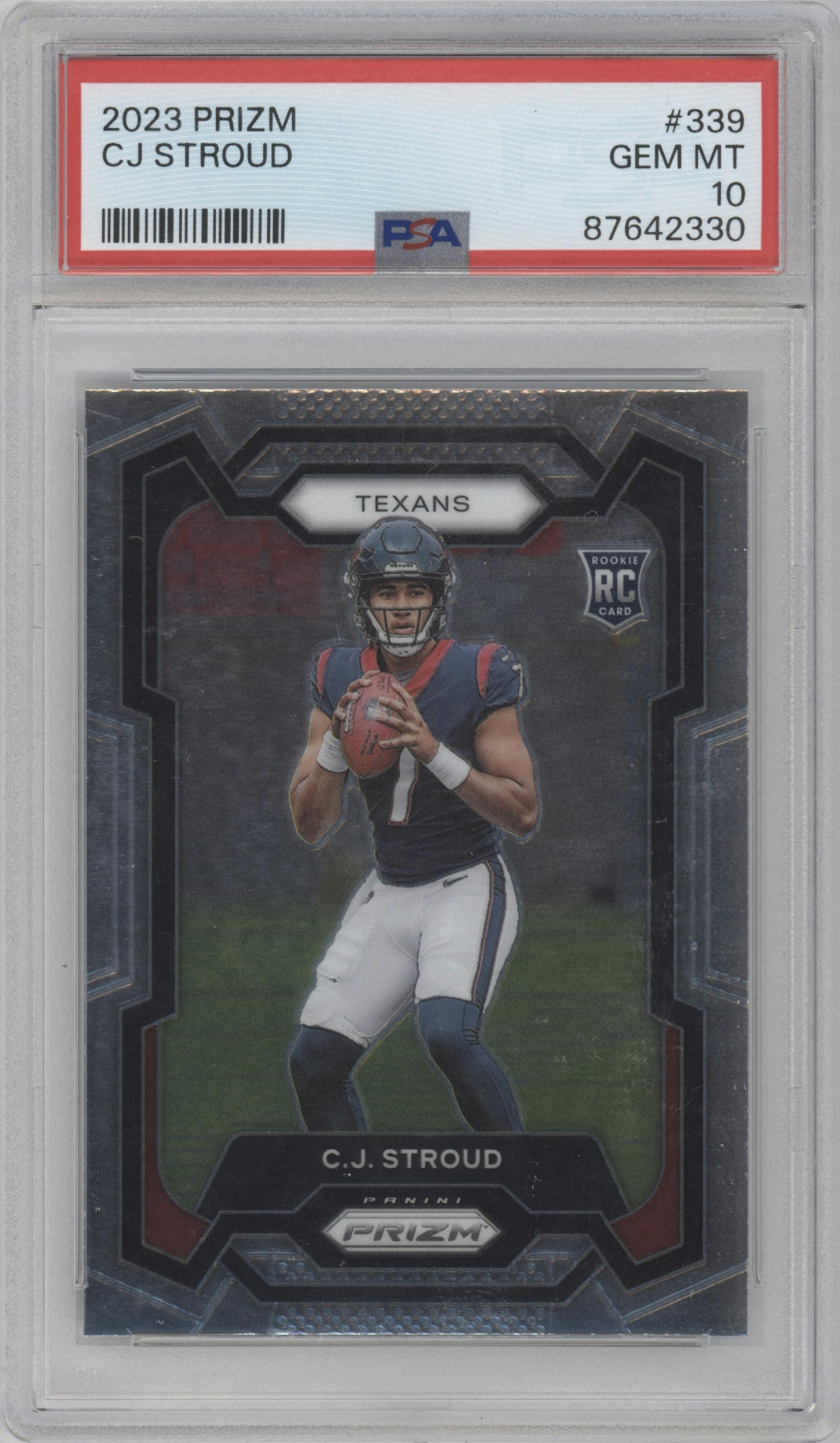 C.J. Stroud from the 2023 Panini Prizm set graded by PSA and given an overall grade of 10.