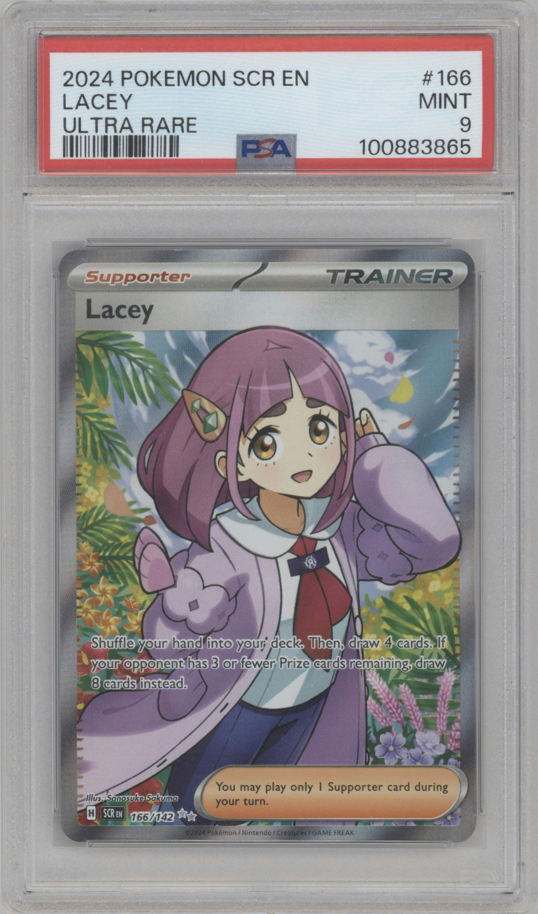 Lacey from the 2024 Pokemon SV set graded by PSA and given an overall grade of 9.