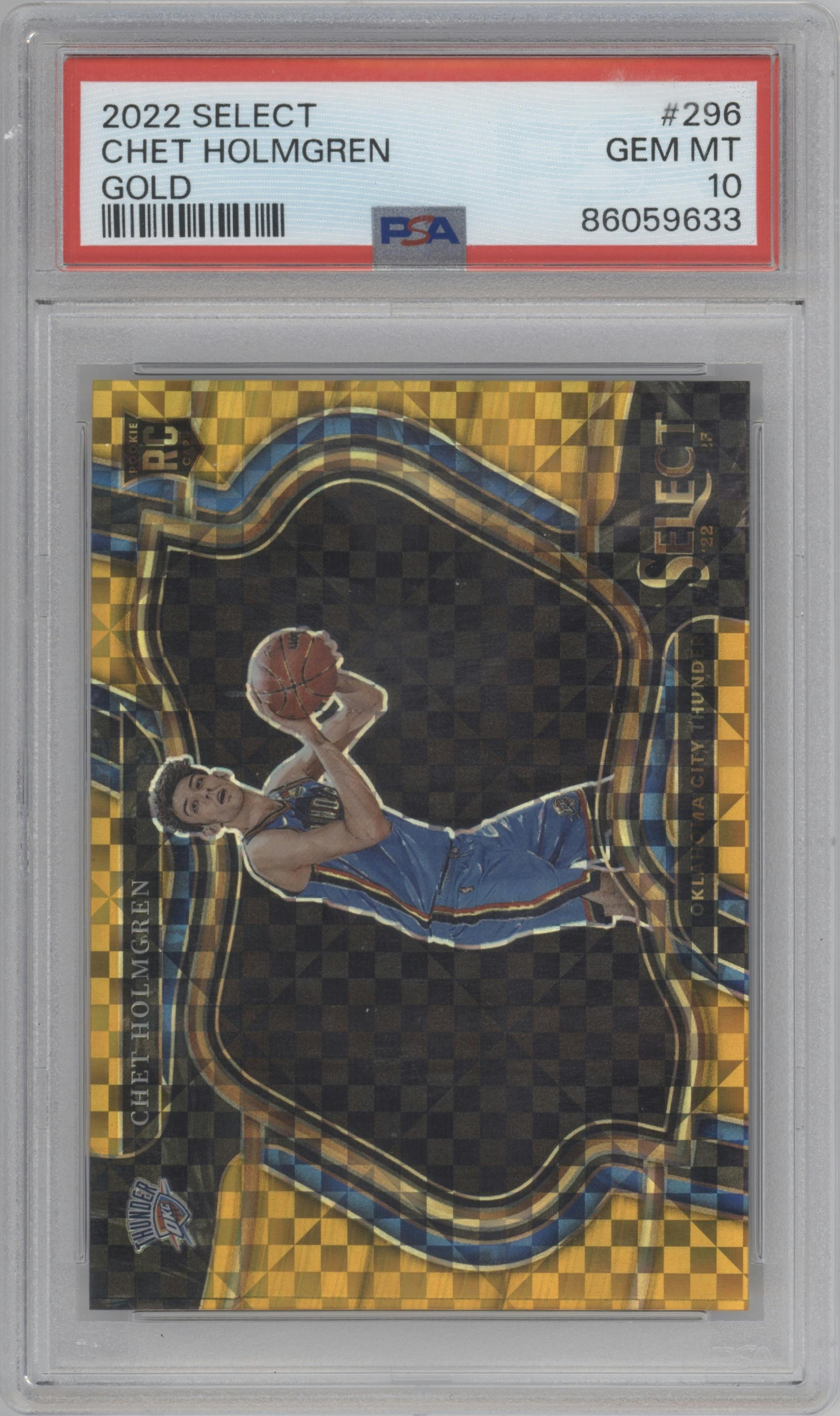Chet Holmgren from the 2022-23 Panini Select set featuring a Gold parallel graded by PSA and given an overall grade of 10.