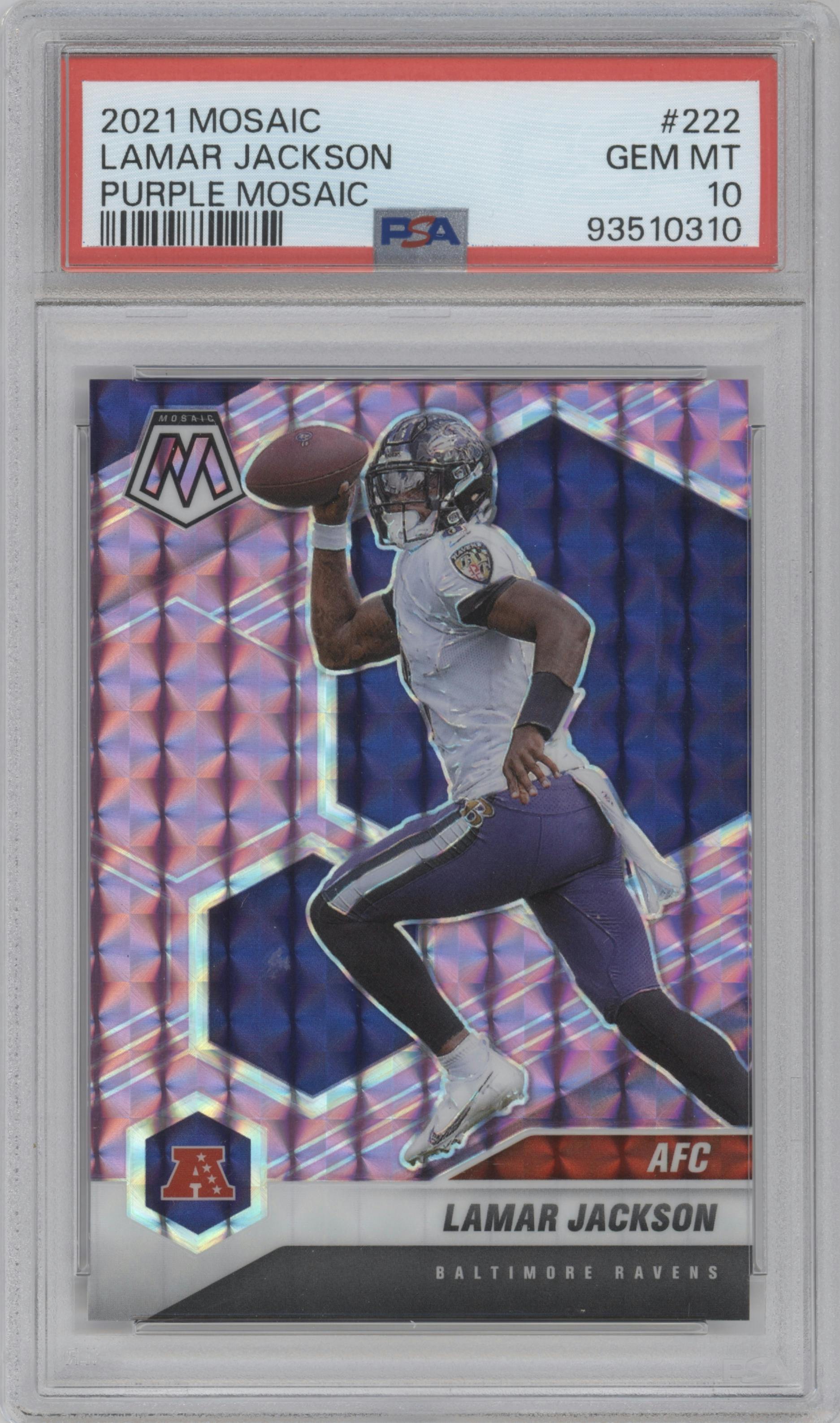 Lamar Jackson from the 2021 Panini Mosaic set featuring a Purple Mosaic parallel graded by PSA and given an overall grade of 10.