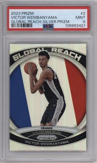 Victor Wembanyama from the 2023-24 Panini Prizm set featuring a Silver Prizm parallel graded by PSA and given an overall grade of 9.