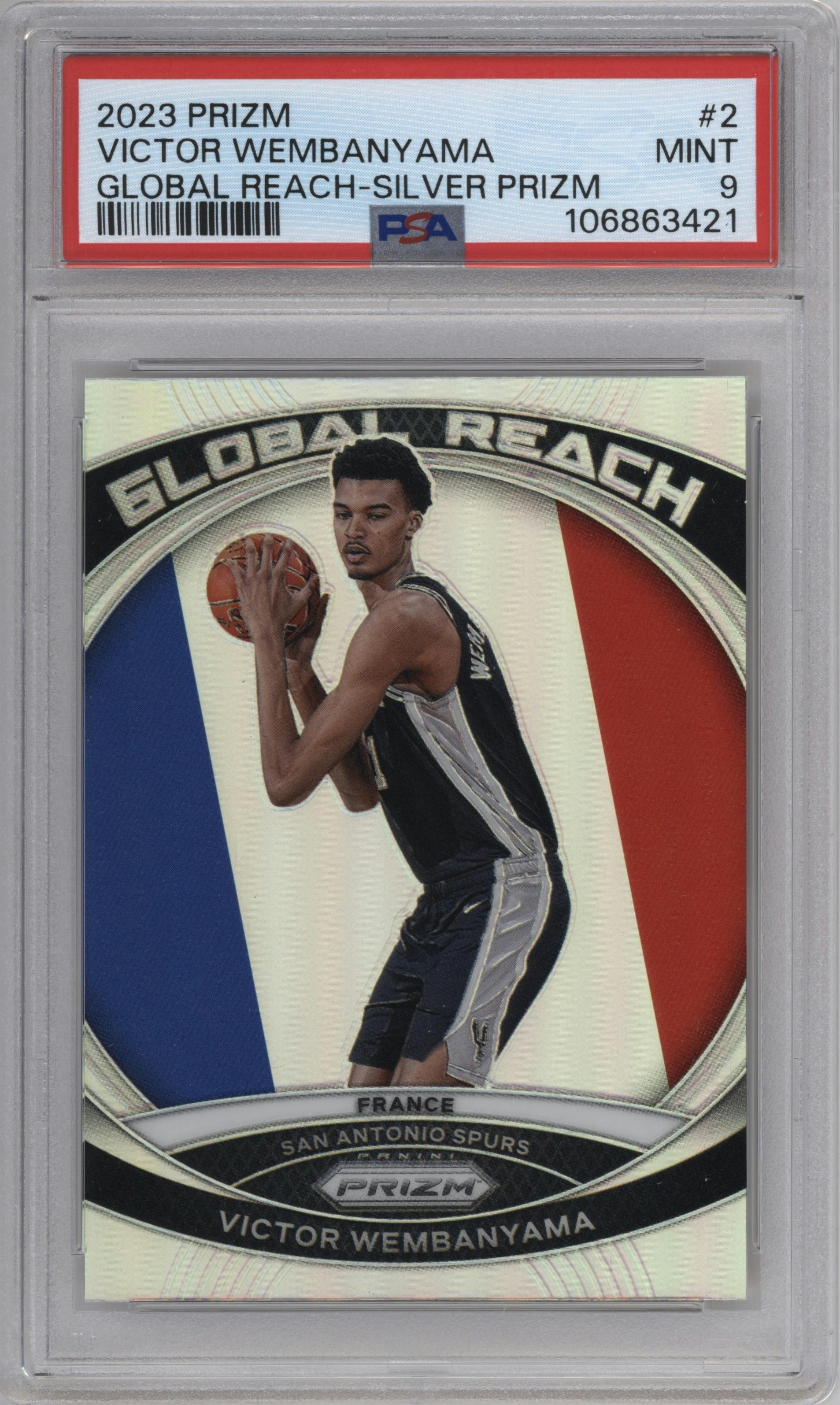 Victor Wembanyama from the 2023-24 Panini Prizm set featuring a Silver Prizm parallel graded by PSA and given an overall grade of 9.
