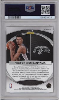 Victor Wembanyama from the 2023-24 Panini Prizm set featuring a Silver Prizm parallel graded by PSA and given an overall grade of 9.