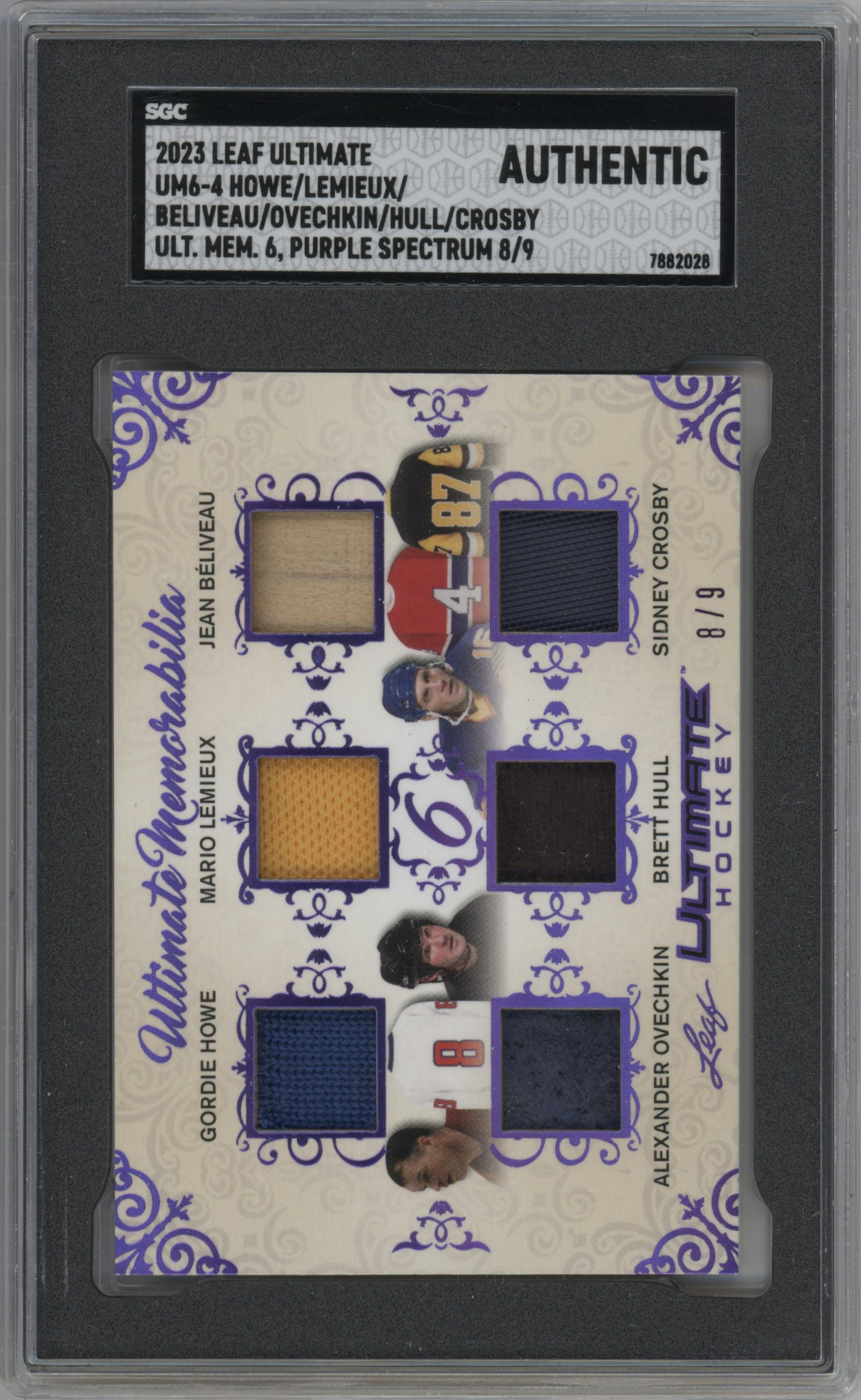 Gordie Howe/Mario Lemieux/Jean Beliveau/Alexander Ovechkin/Brett Hull/Sidney Crosby from the 2023 Leaf Ultimate set featuring a Spectrum Purple Holofoil parallel graded by SGC.