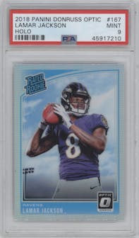 Lamar Jackson from the 2018 Panini Donruss Optic set featuring a Holo parallel graded by PSA and given an overall grade of 9.