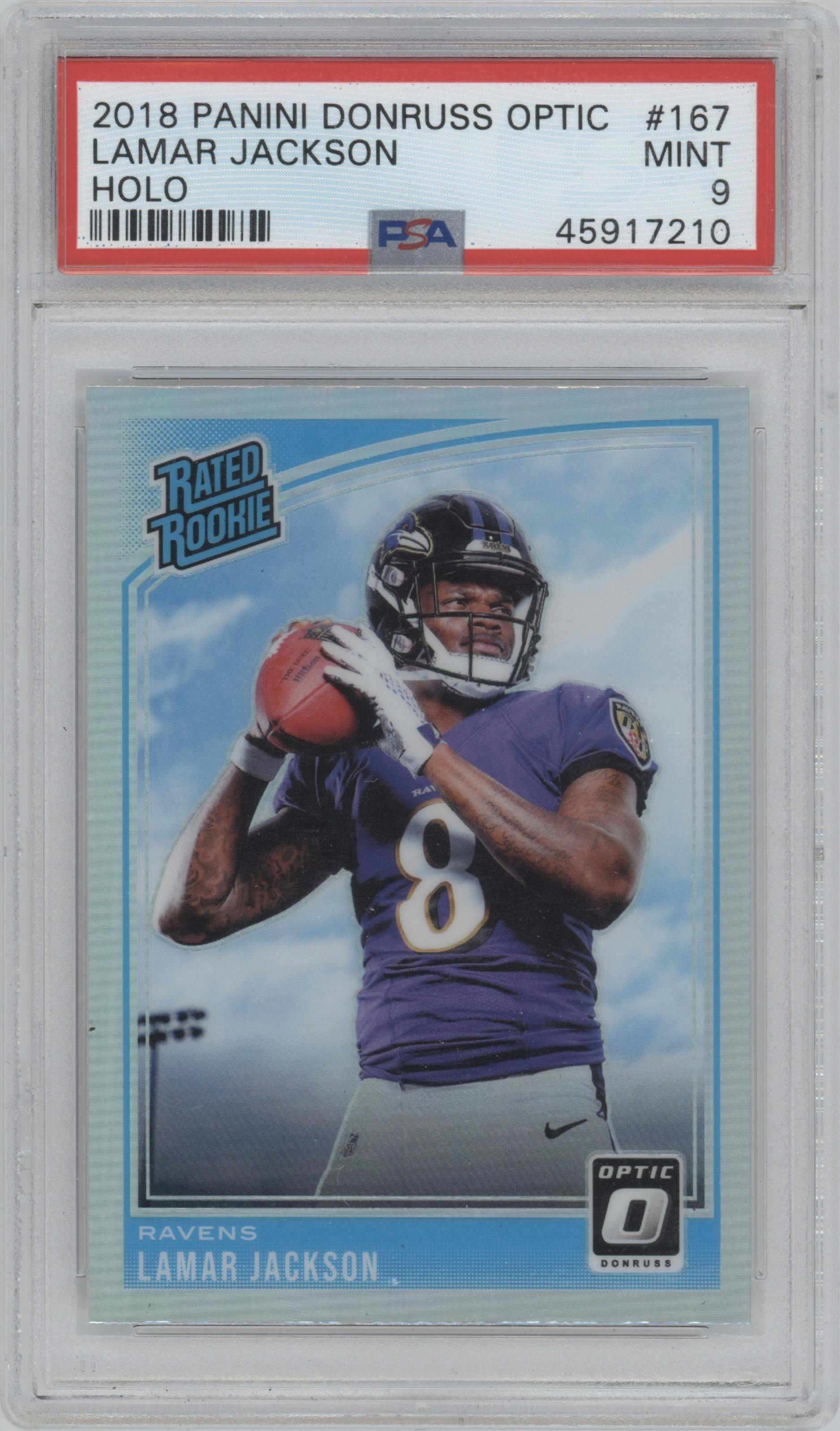 Lamar Jackson from the 2018 Panini Donruss Optic set featuring a Holo parallel graded by PSA and given an overall grade of 9.