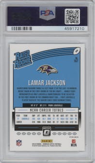 Lamar Jackson from the 2018 Panini Donruss Optic set featuring a Holo parallel graded by PSA and given an overall grade of 9.