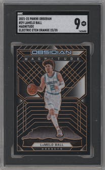 LaMelo Ball from the 2021-22 Panini Obsidian set featuring a Electric Etch Orange parallel graded by SGC and given an overall grade of 9.