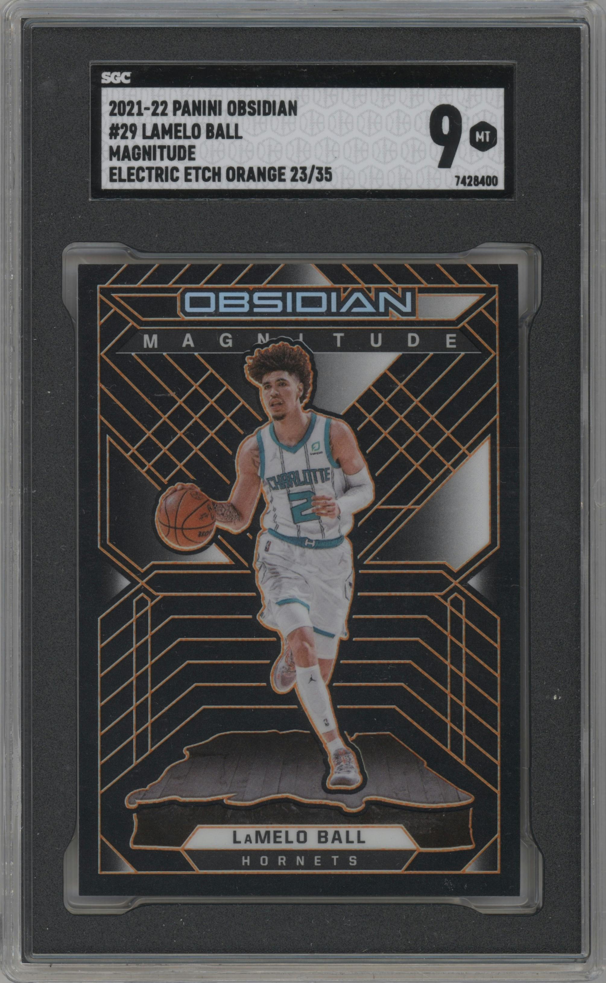 LaMelo Ball from the 2021-22 Panini Obsidian set featuring a Electric Etch Orange parallel graded by SGC and given an overall grade of 9.