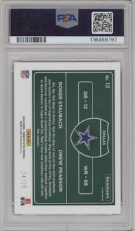 Roger Staubach/Drew Pearson from the 2024 Donruss Optic set featuring a Black Pandora parallel graded by PSA and given an overall grade of 9.