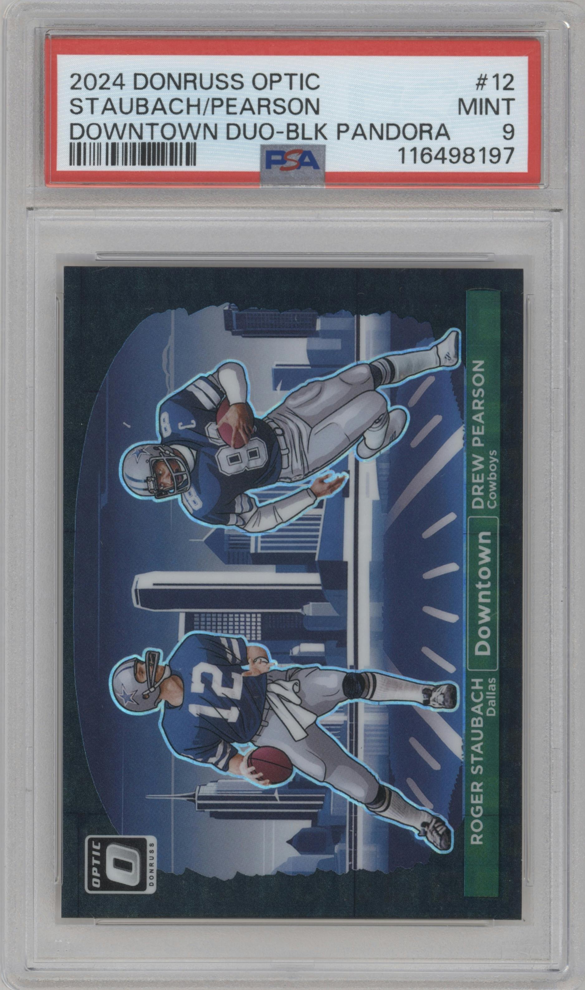 Roger Staubach/Drew Pearson from the 2024 Donruss Optic set featuring a Black Pandora parallel graded by PSA and given an overall grade of 9.