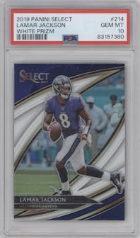 Lamar Jackson from the 2019 Panini Select  set featuring a White Prizm parallel graded by PSA and given an overall grade of 10.