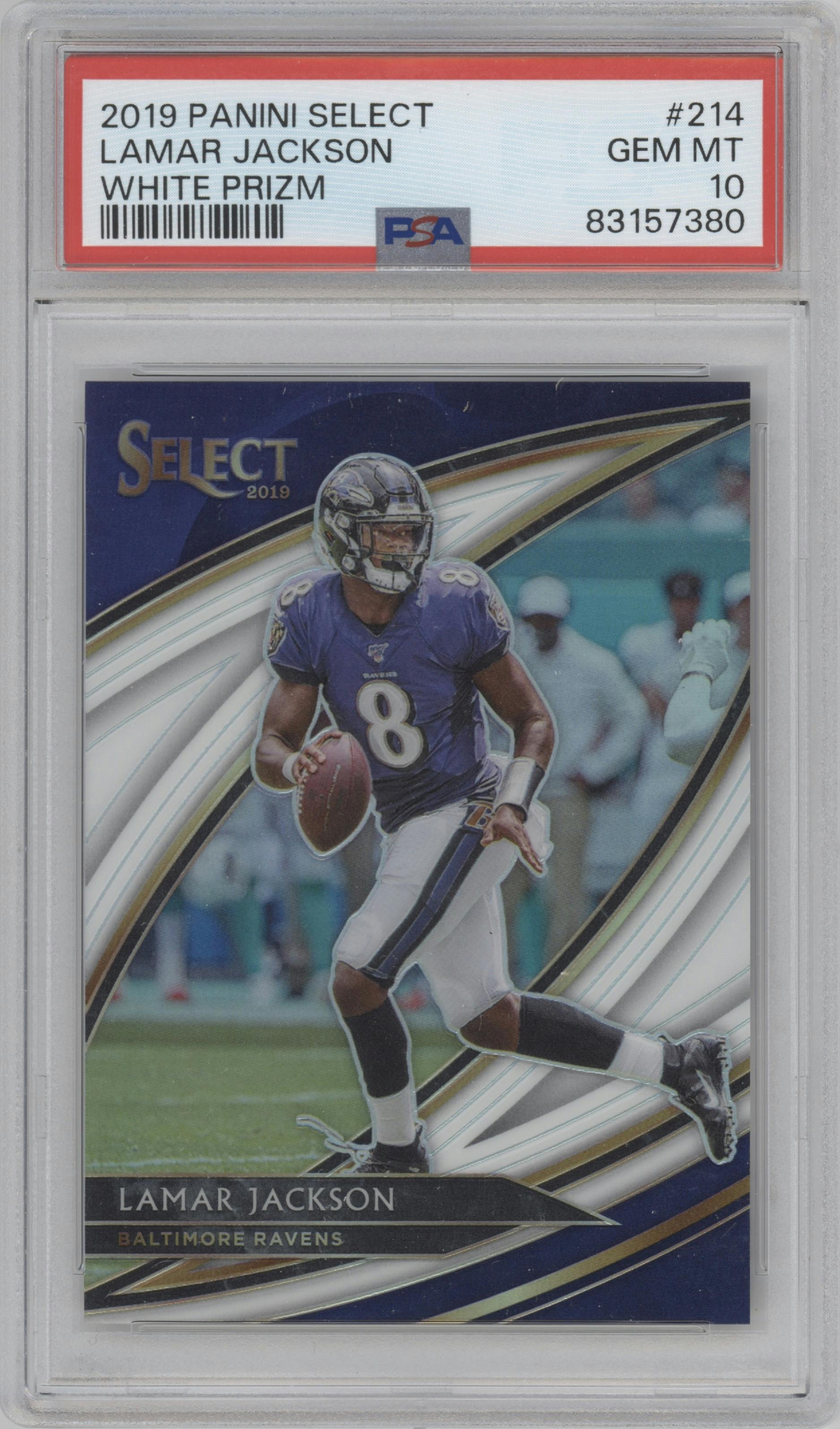 Lamar Jackson from the 2019 Panini Select  set featuring a White Prizm parallel graded by PSA and given an overall grade of 10.