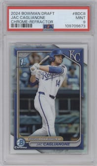 Jac Caglianone from the 2024 Bowman Draft set featuring a Refractor parallel graded by PSA and given an overall grade of 9.