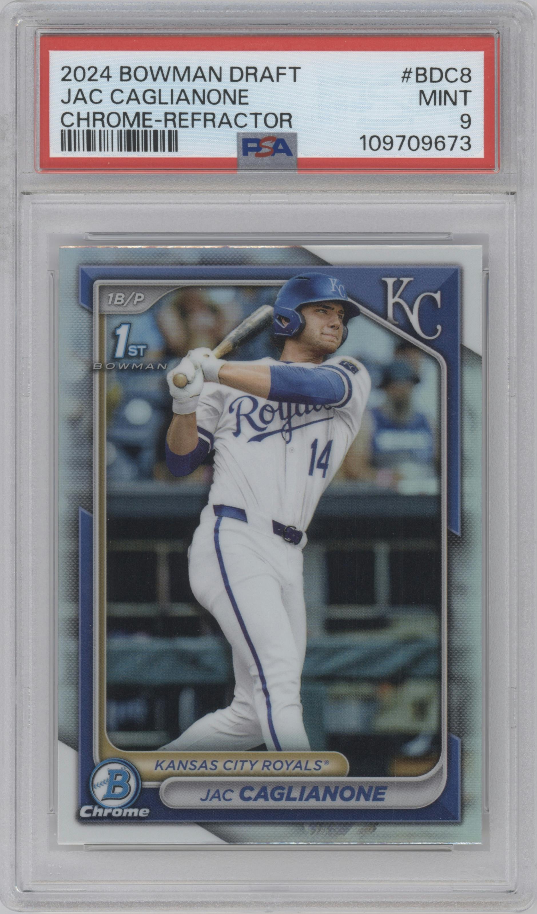 Jac Caglianone from the 2024 Bowman Draft set featuring a Refractor parallel graded by PSA and given an overall grade of 9.