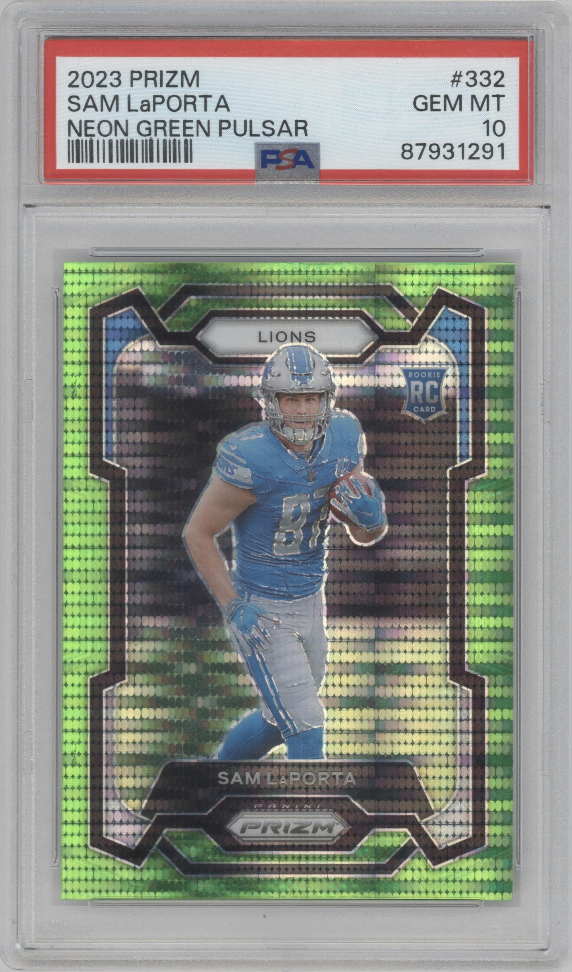 Sam LaPorta from the 2023 Panini Prizm set featuring a Neon Green Pulsar parallel graded by PSA and given an overall grade of 10.