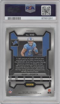 Sam LaPorta from the 2023 Panini Prizm set featuring a Neon Green Pulsar parallel graded by PSA and given an overall grade of 10.