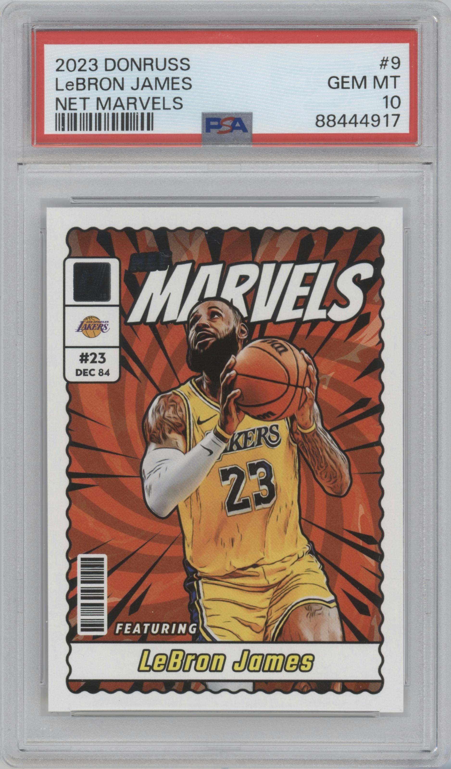 LeBron James from the 2023-24 Panini Donruss set graded by PSA and given an overall grade of 10.