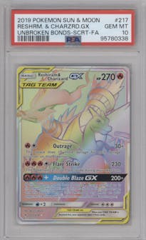 Reshiram/Charizard GX from the 2019 Pokemon S&M  set graded by PSA and given an overall grade of 10.