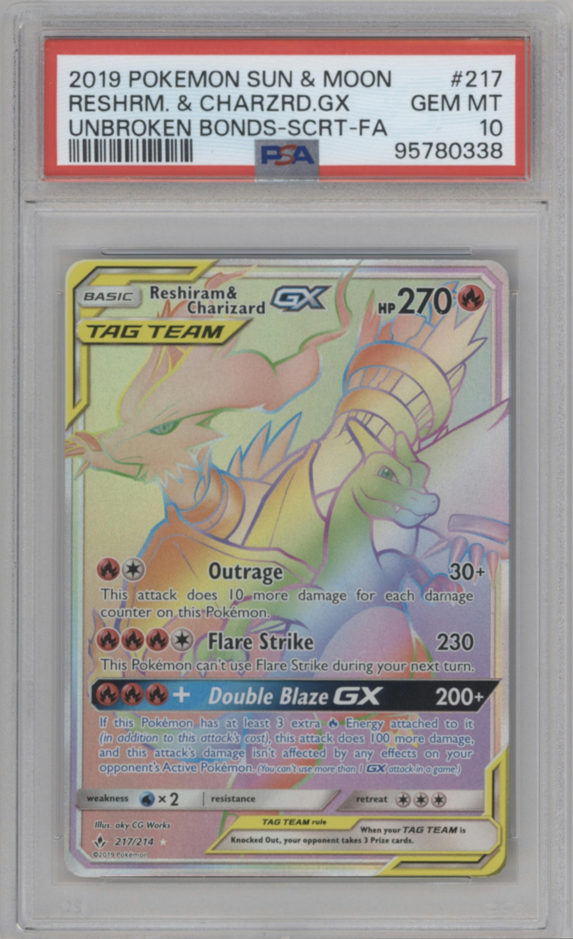 Reshiram/Charizard GX from the 2019 Pokemon S&M  set graded by PSA and given an overall grade of 10.