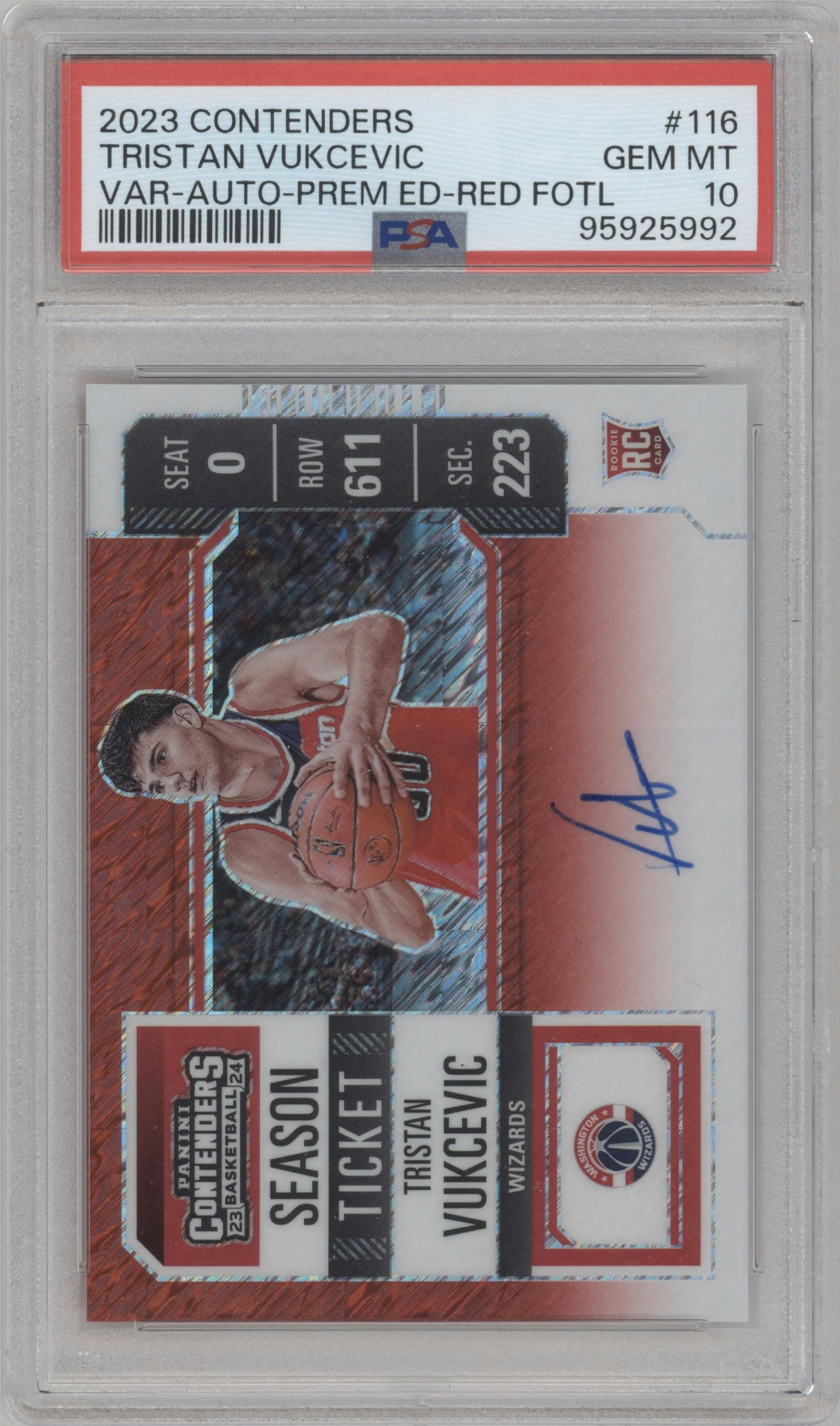 Tristan Vukcevic from the 2023-24 Panini Contenders set featuring a Red FOTL parallel graded by PSA and given an overall grade of 10.