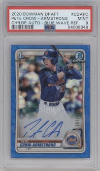Pete Crow-Armstrong from the 2020 Bowman Draft set featuring a Blue Wave Refractor  parallel graded by PSA and given an overall grade of 9.