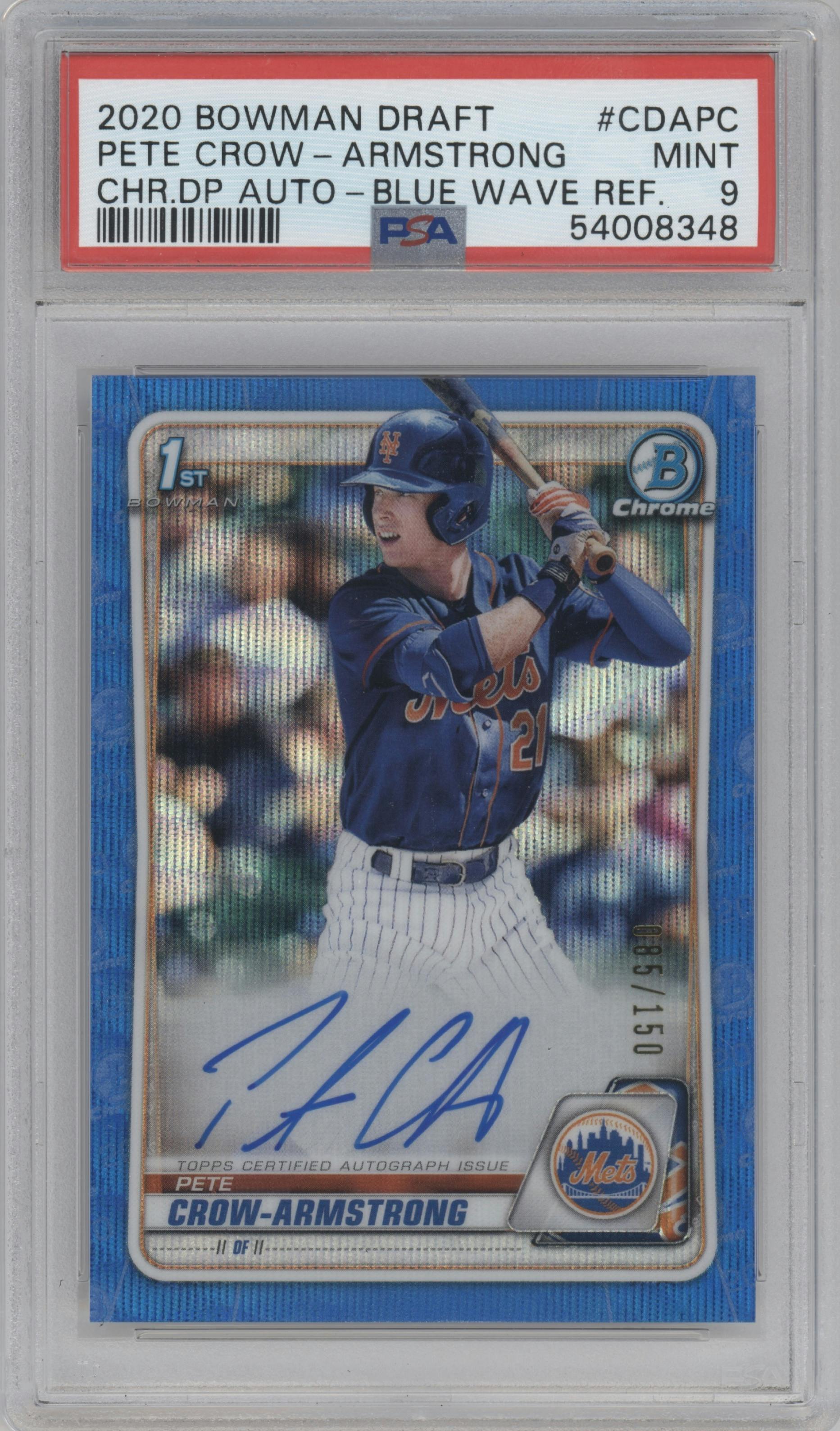 Pete Crow-Armstrong from the 2020 Bowman Draft set featuring a Blue Wave Refractor  parallel graded by PSA and given an overall grade of 9.