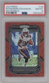Rhamondre Stevenson from the 2022 Panini Prizm set featuring a Red Sparkle parallel graded by PSA and given an overall grade of 10.