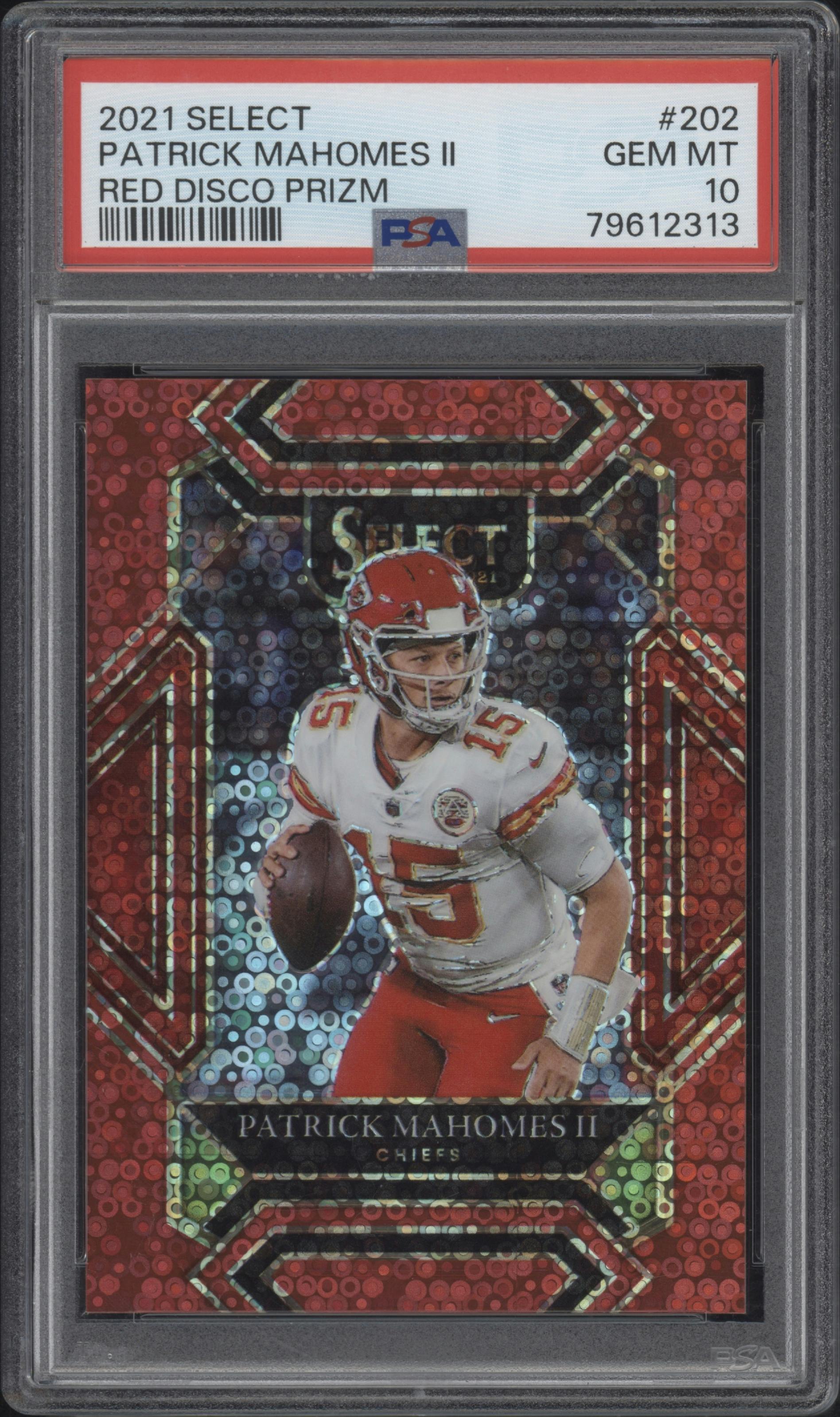 Patrick Mahomes II  from the 2021 Panini Select set featuring a Red Disco parallel graded by PSA and given an overall grade of 10.