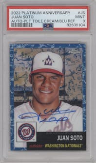 Juan Soto from the 2022 Topps Chrome Platinum Anniversary set featuring a Platinum Toile Cream and Blue Refractor  parallel graded by PSA and given an overall grade of 9.