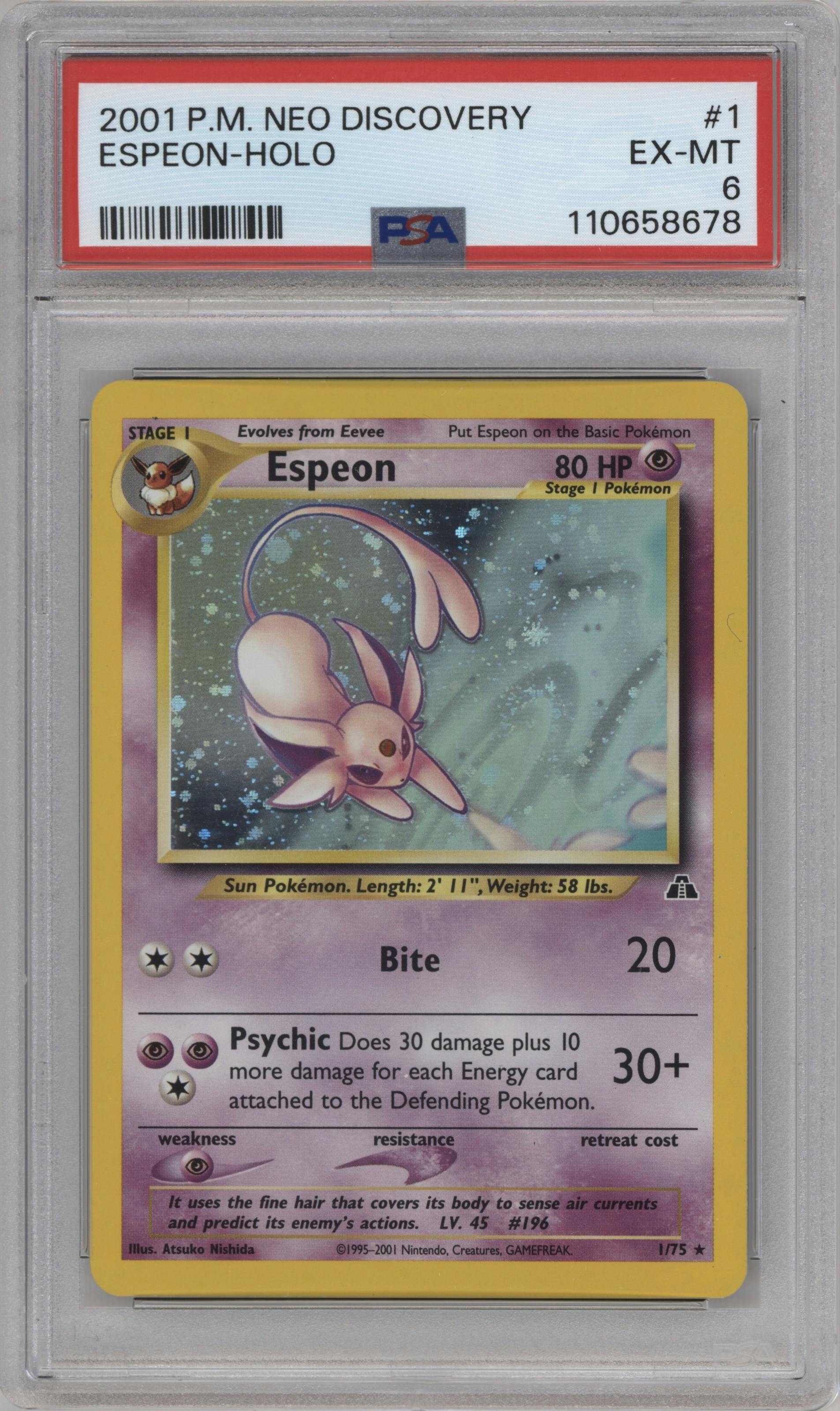 Espeon from the 2001 Pokemon Neo Genesis set graded by PSA and given an overall grade of 6.