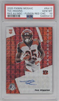 Tee Higgins from the 2020 Panini Mosaic set featuring a Red Choice Fusion parallel graded by PSA and given an overall grade of 10.