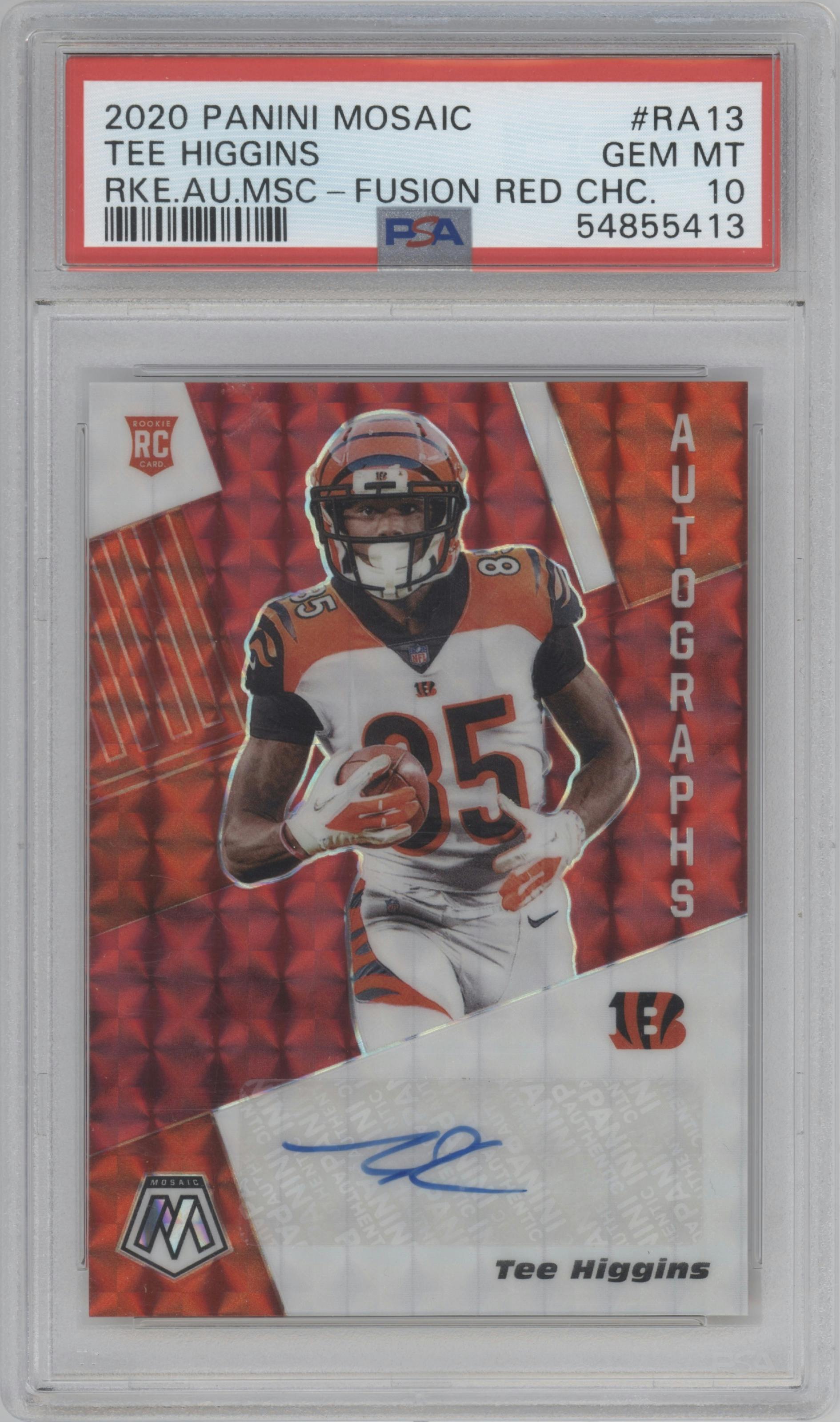 Tee Higgins from the 2020 Panini Mosaic set featuring a Red Choice Fusion parallel graded by PSA and given an overall grade of 10.
