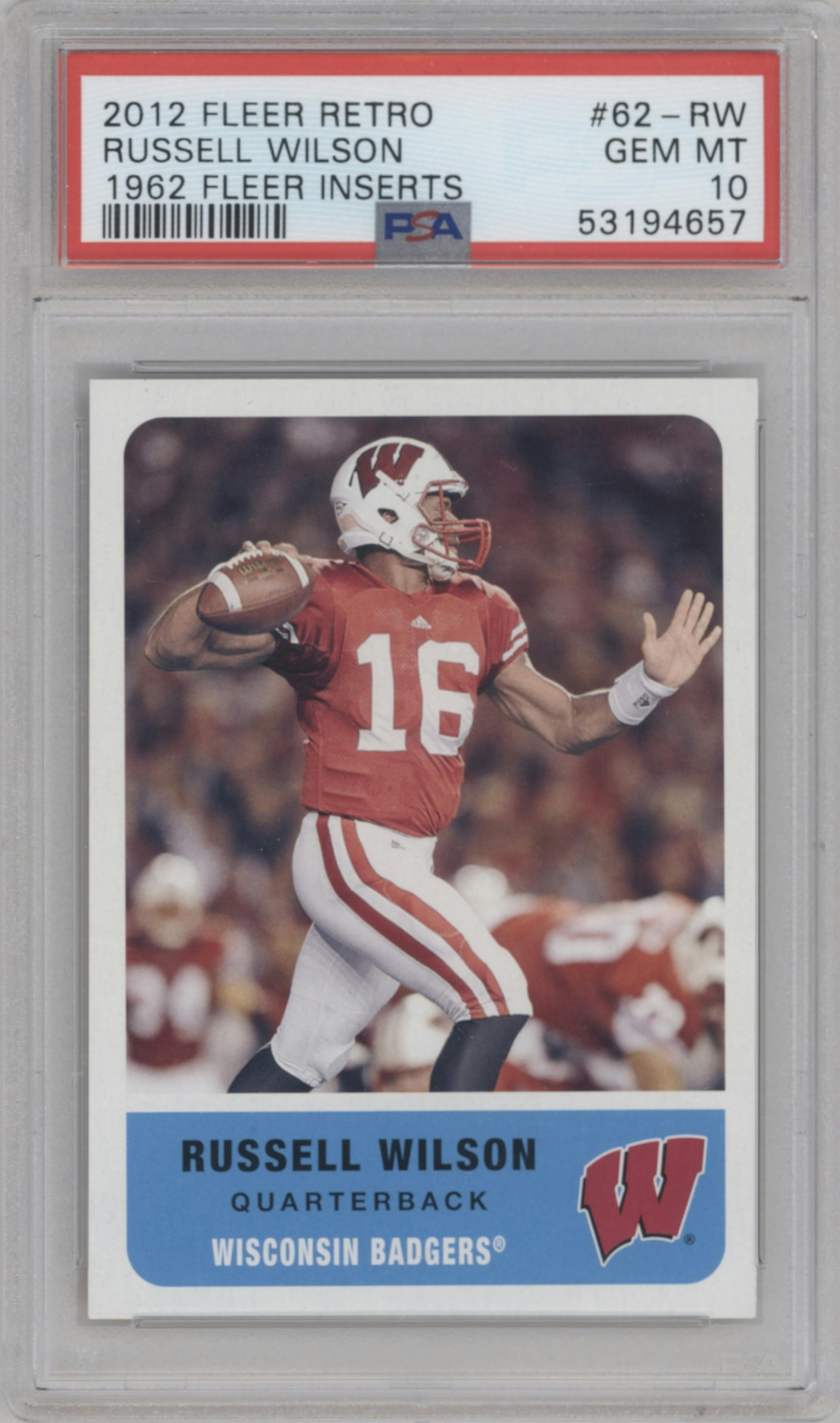 Russell Wilson from the 2012 Fleer Retro set graded by PSA and given an overall grade of 10.