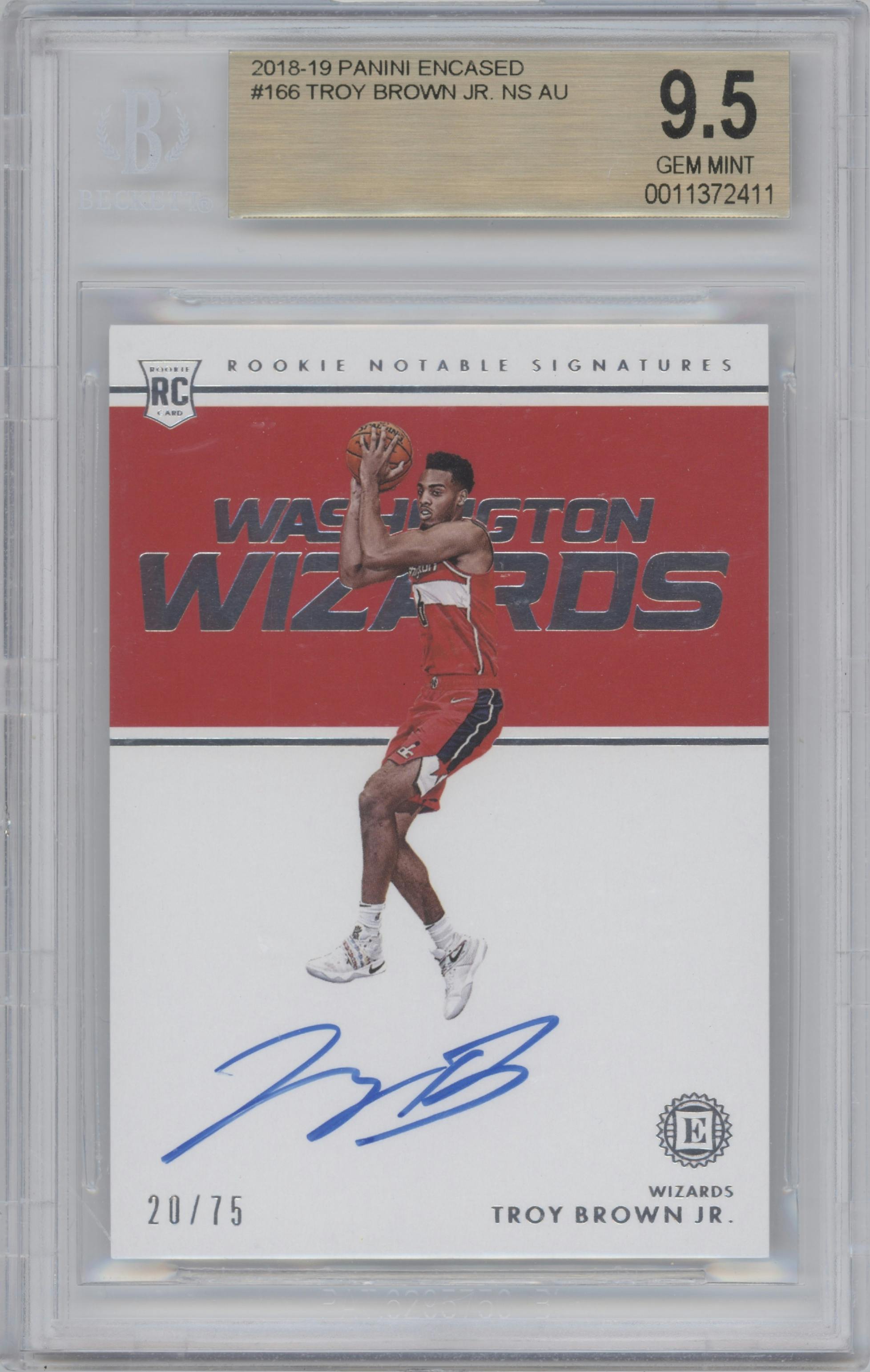 Troy Brown Jr. from the 2018-19 Panini Encased set graded by Beckett and given an overall grade of 9.5.