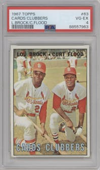 Lou Brock/Curt Flood from the 1967 Topps set graded by PSA and given an overall grade of 4.