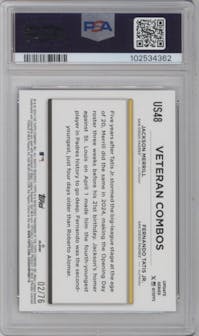 Jackson Merrill/Fernando Tatis Jr. from the 2024 Topps Update set featuring a Independence Day parallel graded by PSA and given an overall grade of 9.